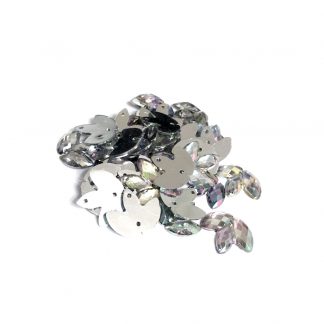 Солонгорсон мөнгөлөг өнгөтэй гурвалсан навч хэлбэртэй оёдог шигтгээ - хэмжээ 1.3 x 1.5 см - ойролцоогоор 35 ширхэг